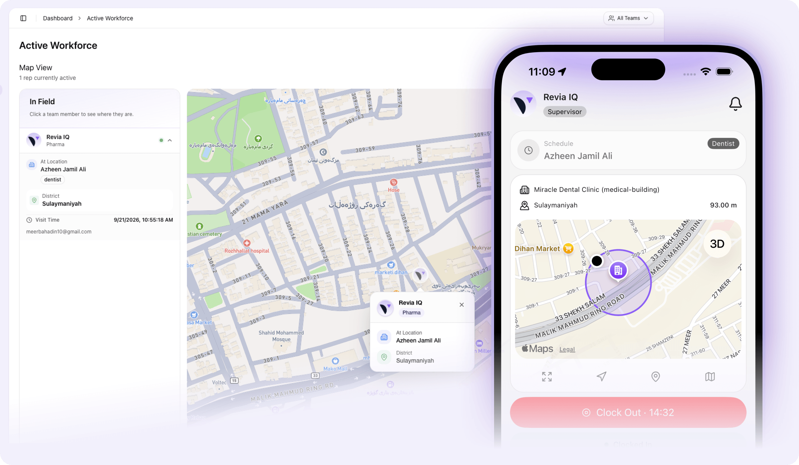 Revia dashboard showing live representative visits